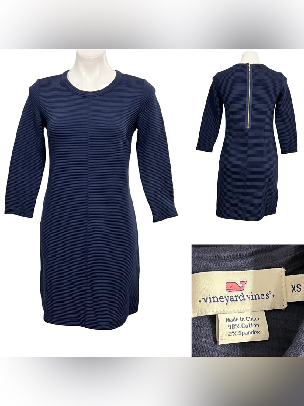 Vineyard Vines dress XS Navy blue Textured Ribbed Shift knee length stretch